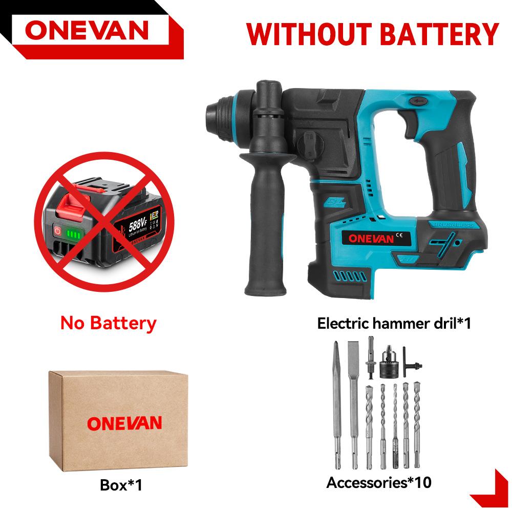 

ONEVAN Бесщеточная электрическая ударная дрель-перфоратор Портативная 24 мм Многофункциональная аккумуляторная дрель-перфоратор Инструмент для аккумулятора Makita 18 В Штифтовый No Battery-10Pcs set
