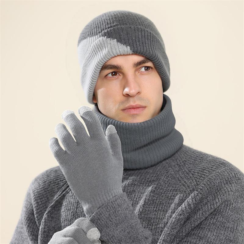 Winter Wool Hat Men Color-Matching Cashmere Knitted Hat Gloves Neck Set Three-Piece Thick Cold-Proof Cap