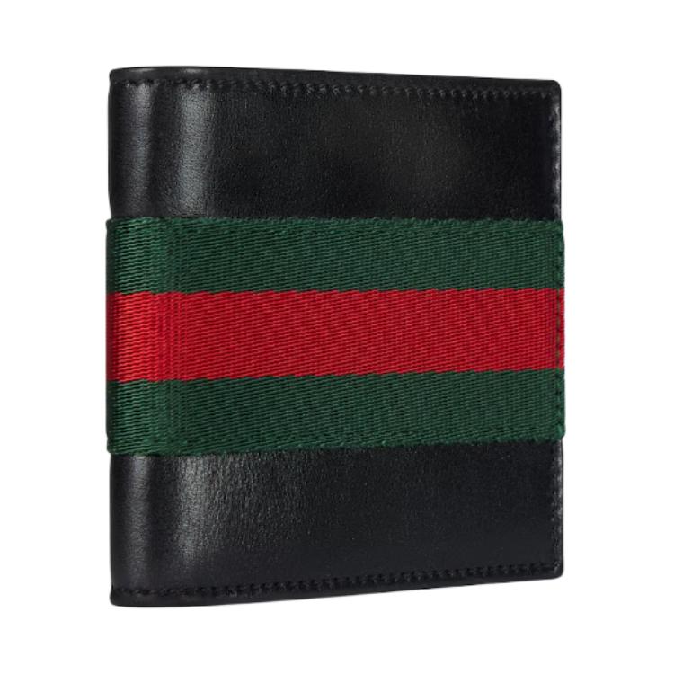 Gucci Web Stripe Black Leather Bi-fold Wallet For Unisex Luxury Daily Use