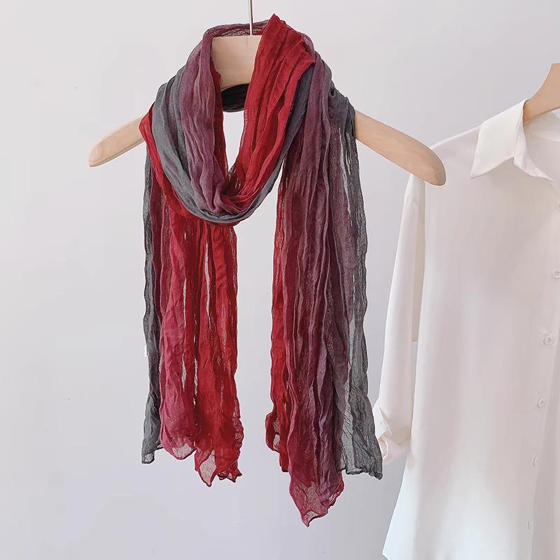 New Imitation Cotton Linen Hand Feel Scarf Women's Retro Gradual Change Long Shawl Literary Folds Thin Spring Autumn Warm Neck