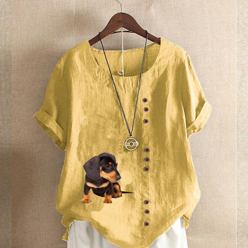 Women's New Fashion Linen Shirt Round Neck Short Sleeve Dog Printed T-shirt Summer Ladies Casual Plus Size Blouse Tops