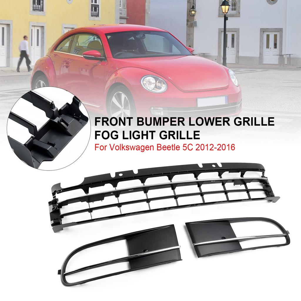 Front Bumper Lower Grille + Fog Light Grill Fit VW Beetle 2012-2016 W/ Chrome