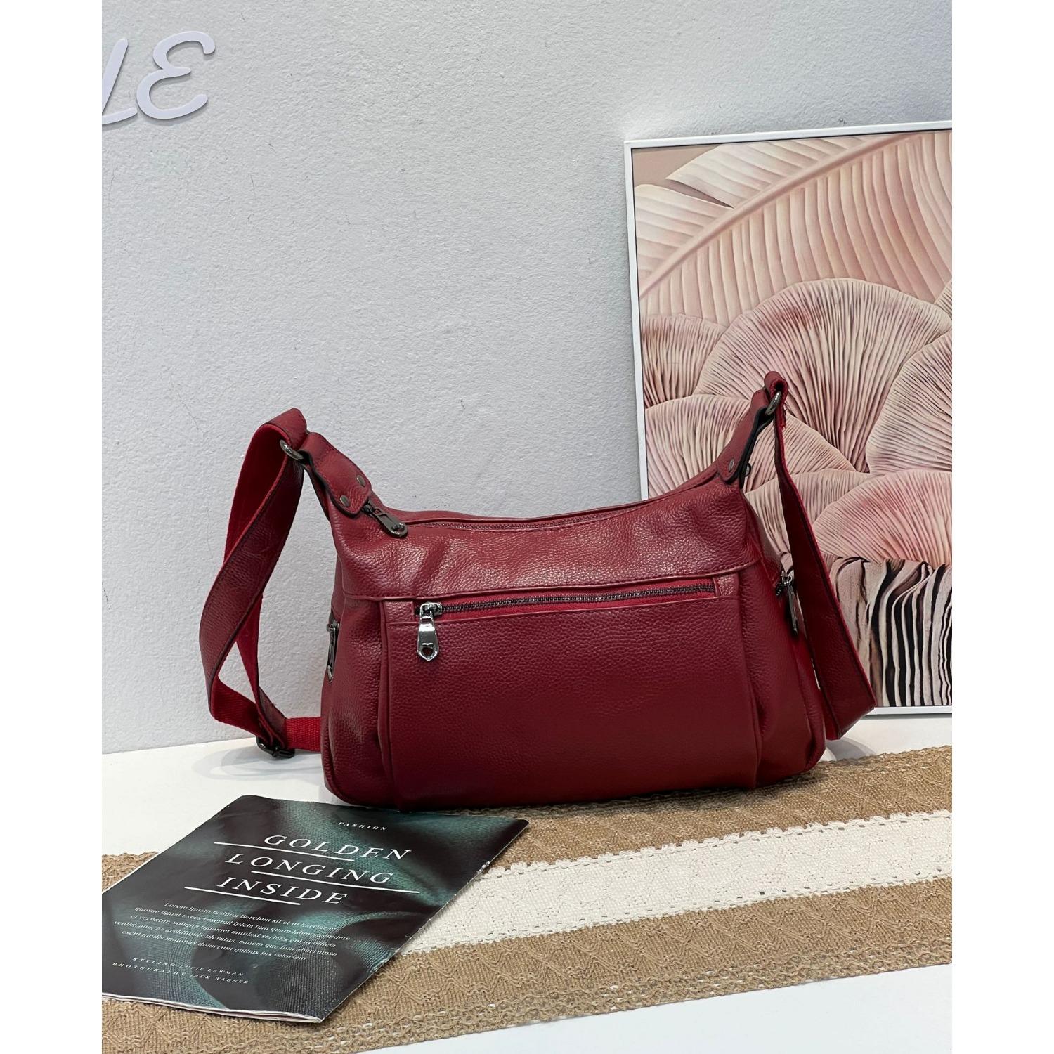 

Сумка-мешок из коровьей кожи для женщин, одно плечо, через плечо, простая, с несколькими отделениями, большая вместимость, сумка для тети и матери бордовый