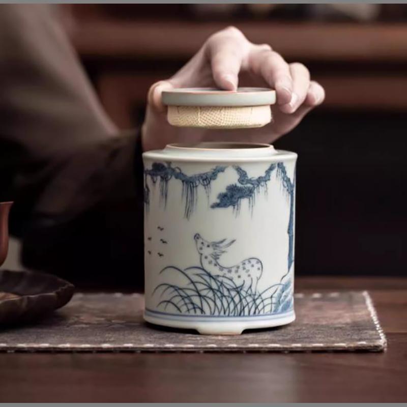 Vintage Ceramic Tea Caddy Moisture-proof Blue and White Porcelain Storage Jar Multi-functional Coffee Medicinal Herb Storage Box