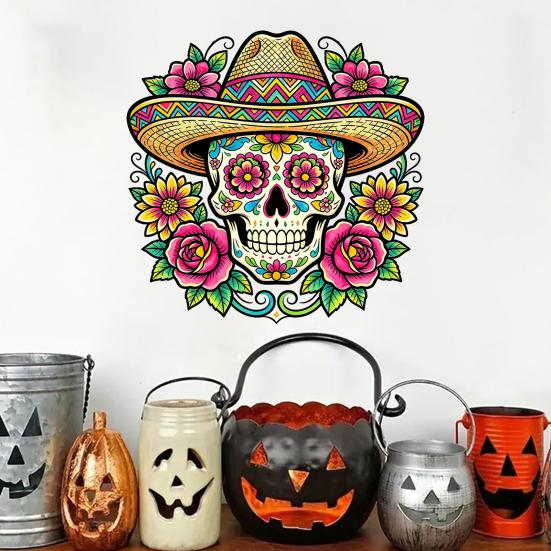 Dia De Los Muertos Window Clings Flower Skull Wall Sticker, Day of The Dead Decorative Mexican Style Festival Ornaments Decals, Waterproof PVC
