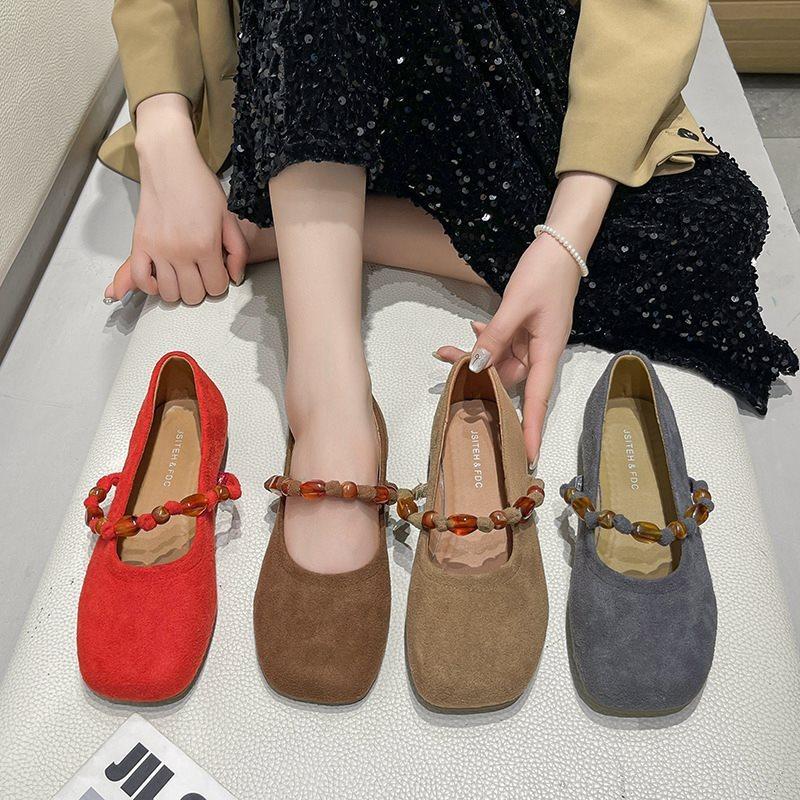 Skirt Mary Jane Shoes with 2025 Shallow Single Shoes Women's New Beaded Gentle National Style Flat Autumn Beanie Shoes No