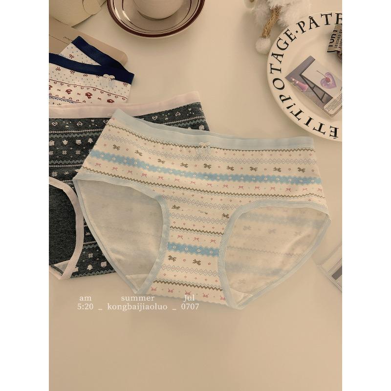 Female Summer Printed Cotton Extended Crotch No Trace Breathable Middle Waist Triangle Briefs