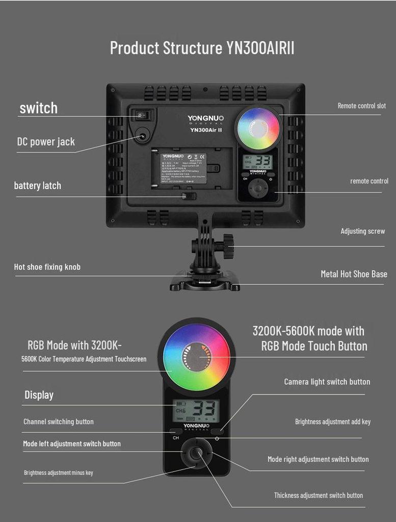 Yongnuo YN300Air II: Thin & Portable RGB LED Photography Light with Adjustable Color Temperature