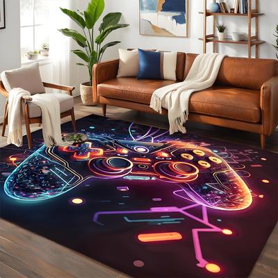 Flannel Printed Gaming Controller Rug Neon LED Design Soft Fleece Floor Mat Living Room Carpet Gamer Decor Tech Theme Rugs