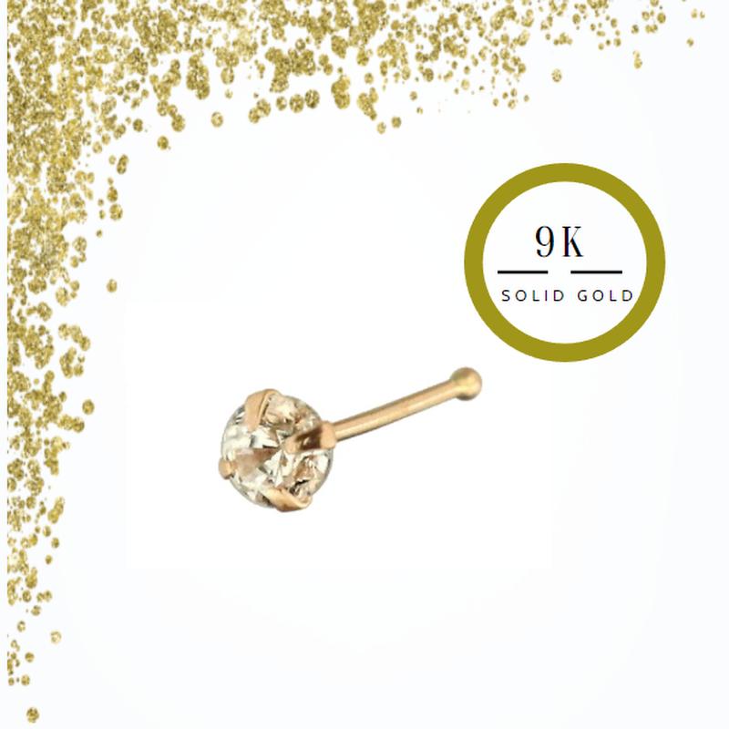 KODY PIERCING 9K Solid Gold Ball End Jeweled Nose Pin With Cubic Zirconia CZ Round 3,0mm Set by 4 Prongs - Quality Piercing