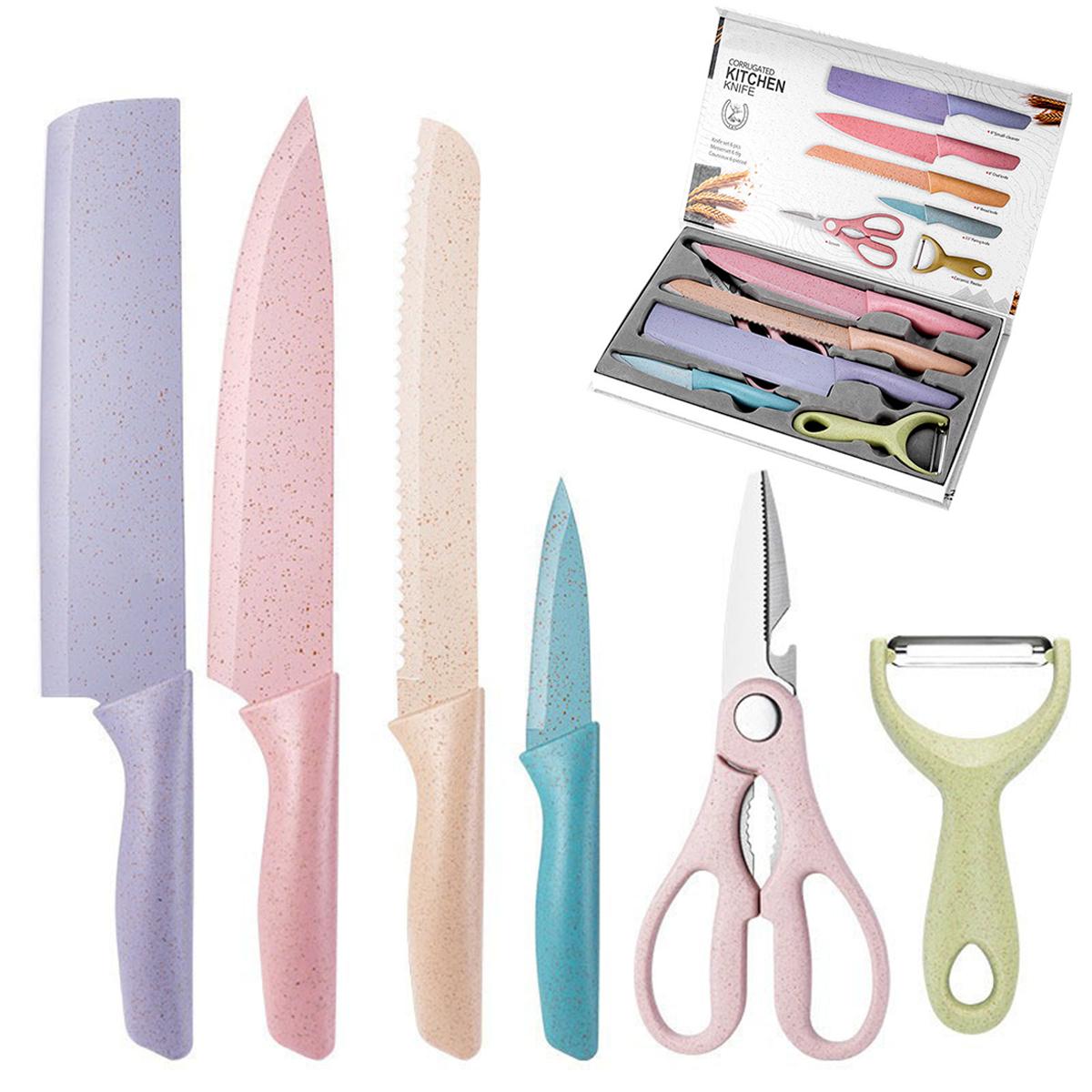 

Набор кухонных ножей из пшеничной соломы, 6 предметов, кухонный нож, ножницы, керамическая овощечистка, нож шеф-повара для нарезки ломтиков 6pcs