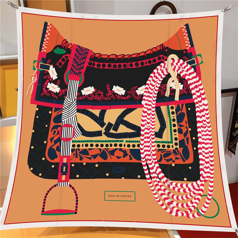 Silk Scarf Women Saddle Print Square Scarves Head Echarpes Silk Foulards Femme Wraps Beach Shawls Bandana Lady Hijabs 90CM