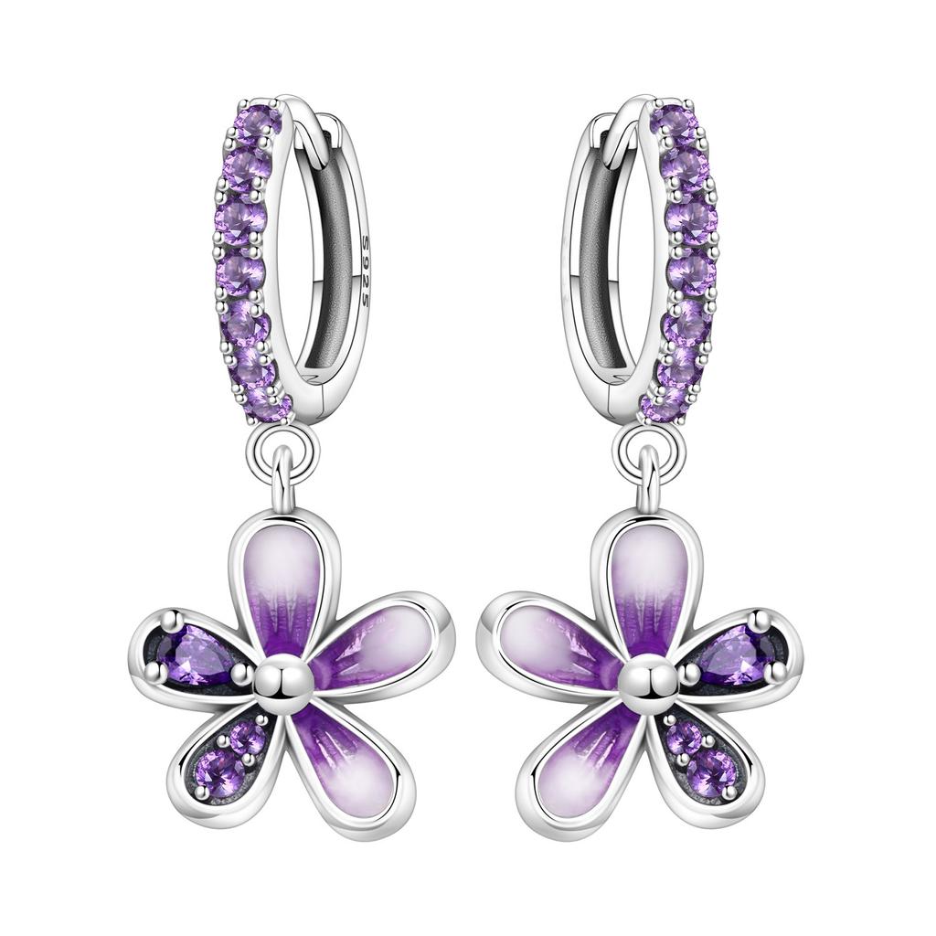 Original 925 Silver Zircon Pink Paw Print Earrings Heart Flower Leaf Design Women Party Jewelry Gift Ear Loops