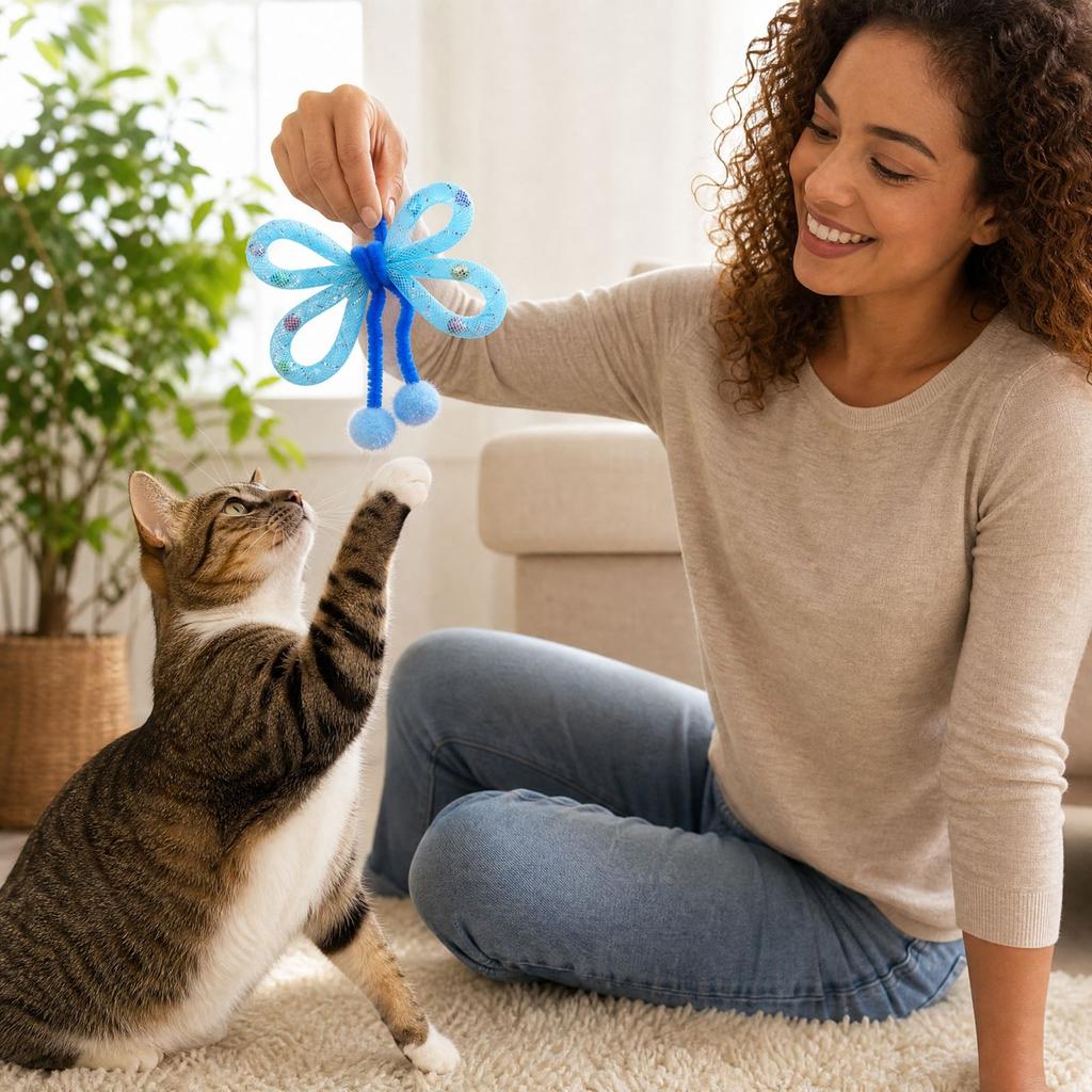 Colorful Shiny Tulle Butterfly Teaser Wand Toy with Flexible Tube for Interactive Play