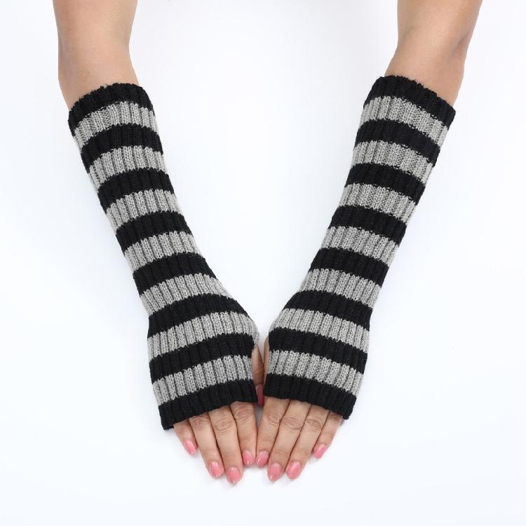 Teenagers Winter Half Finger Mitten Stripe Pattern Knit Keep Warm Lengthen Wrist