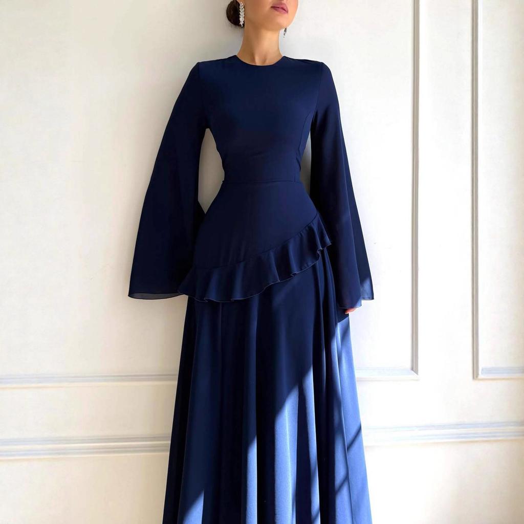 Amerikanische Damenbekleidung 2025 Herbst Neues hochtailliertes Kleid Rüsche Blattdekoration Bankett langes Kleid Temperament