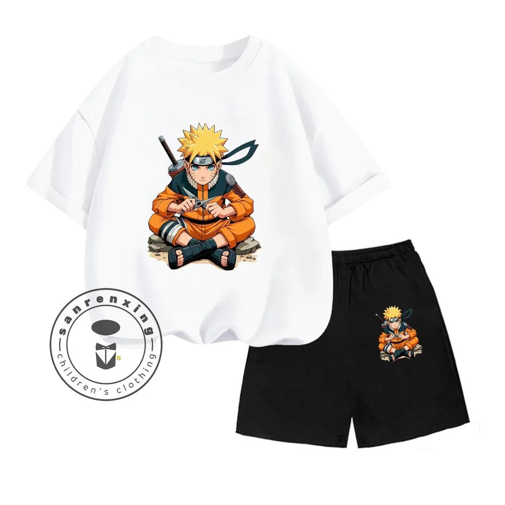 Unique NARUTO Animated Cartoon Character Vertical Print Design O-neck Skin-friendly Short Sleeve and Shorts Kids Two-piece Set