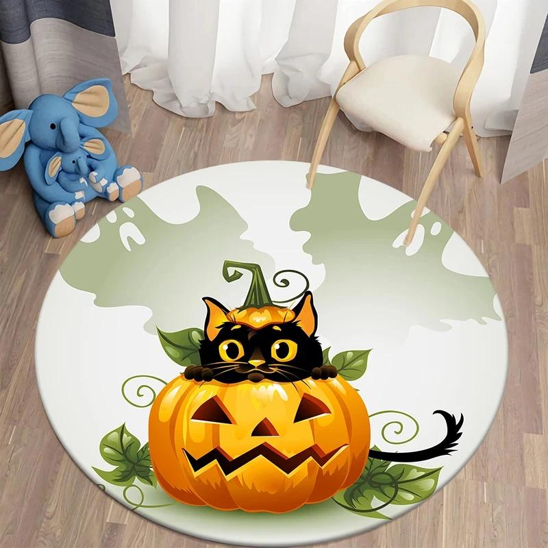 Black Cat Round Carpet Kawaii Cartoon Animal Print Rug for Living Room Bedroom Chair Decor Comfort Yoga Mat Non Slip Floor Mats
