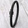 Men's Genuine Leather Woven Bracelet with Black Magnetic Buckle