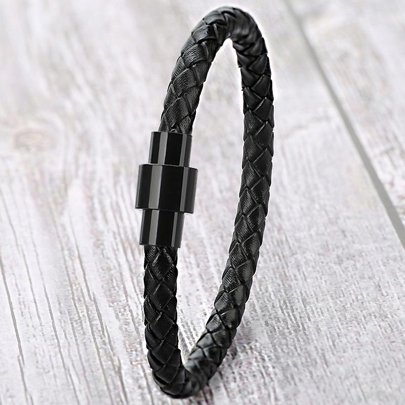 Men's Genuine Leather Woven Bracelet with Black Magnetic Buckle