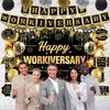 Happy Work Anniversary Decorations Black Gold Happy Workiversary Banner Honeycomb Centerpieces Hanging Swirls Tissue Paper Pompoms Sash Set for