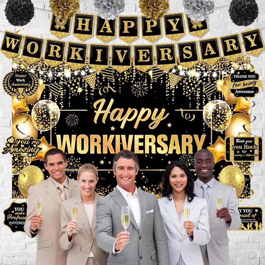 Happy Work Anniversary Decorations Black Gold Happy Workiversary Banner Honeycomb Centerpieces Hanging Swirls Tissue Paper Pompoms Sash Set for
