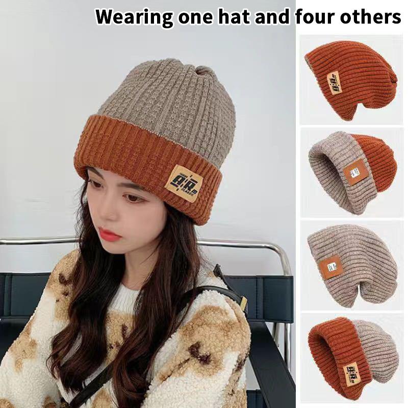 Winter Warm Ear Protection Hat For Women Baggy Slouchy Beanie  Color Block Woolen Pullover Cap Girl Pile Knit Hat