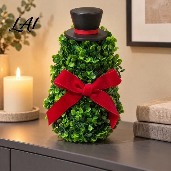 Artificial Snowman Topiary Tree with Red Bow & Santa Hat for Indoor Outdoor Christmas Porch Decorations Holiday Decoration Realistic Plastic Potted