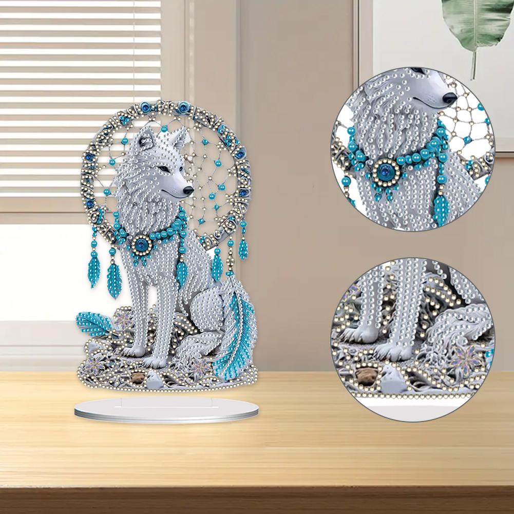 2D Flat Wolf Dreamcatcher Decor DIY Desktop Diamond Art Kits Animal Special Shaped Diamond Painting Craft Ornament for Home