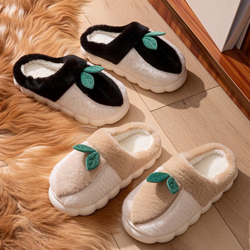 Home plush cotton slippers autumn and winter indoor soft bottom non-slip plush warm couple strawberry leaf cotton mop