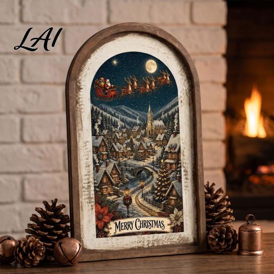 Vintage Christmas Home Decor Rustic Wooden Decoration Arched Window Frame Wall Decor Winter Xmas Holiday Party Table Sign Tabletop Ornament