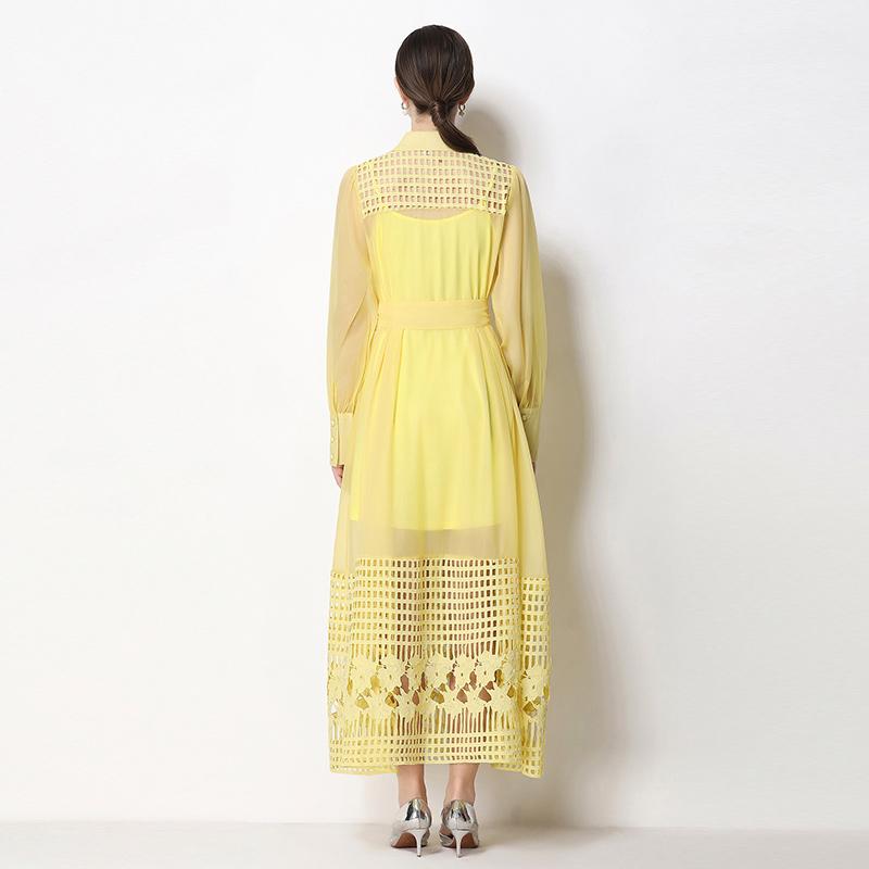 Summer Hollow Out Beaded Loose Chiffon Beach Dress Shirt Women's Puff Sleeve Lace Up Belt Holiday Party Long Robes Maxi Dress