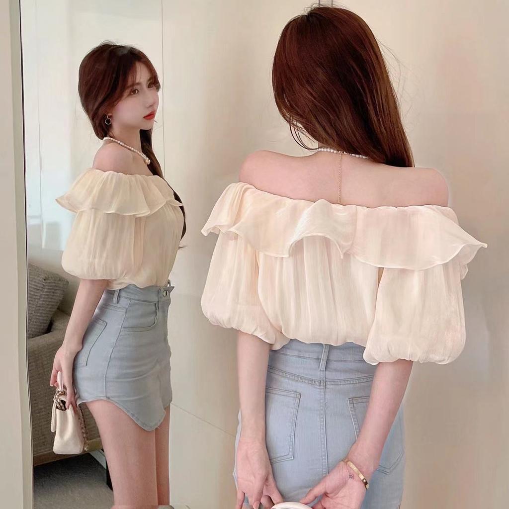 Pure desire temperament one-word shoulder shirt women's design sense niche top ruffle edge foreign style off-the-shoulder chiffon shirt summer