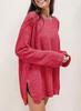 2025 European & American Waffle Knit Round Neck Long Sleeve Slit Solid Color Top for Women