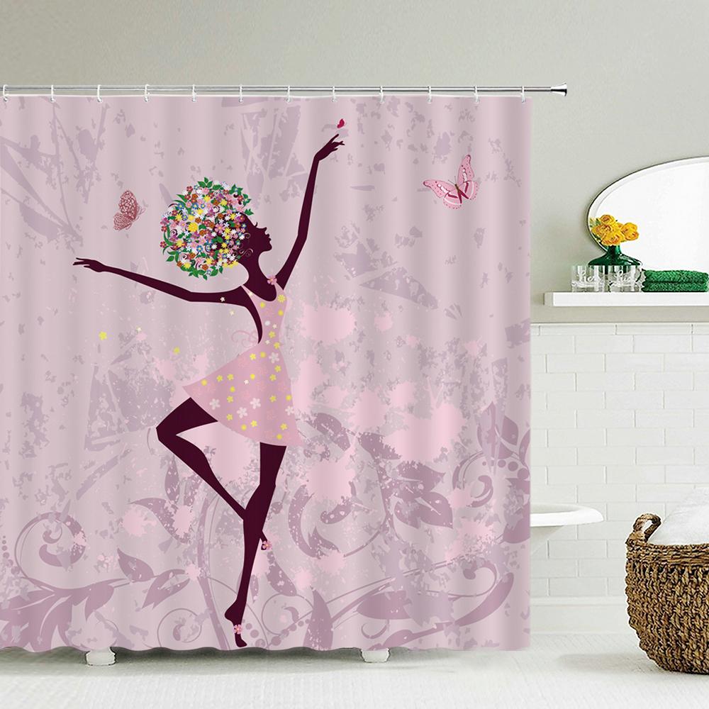 Beautiful Flower Butterfly Girl Shower Curtain Waterproof Shower Curtain Bathroom Partition Curtain Bathroom Decor Accessories