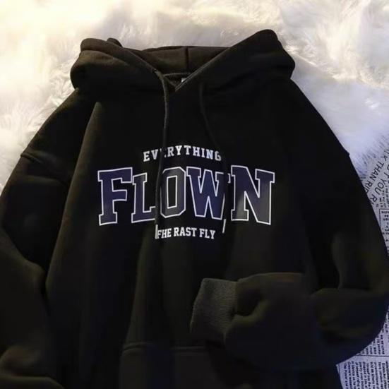 Unisex Fall Spring Hoodie Letter Print Hooded Long Sleeves Elastic Cuff Big Pocket Mid Length Solid Color Daily Wear Casual Couple Top
