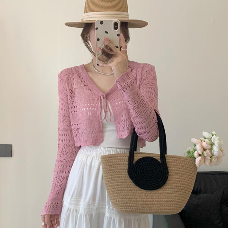 

Women s Sunscreen Knitted Blouse Tops Summer Thin Hollow Out V-neck Drawstring Air Conditioning Women s Shirt Long Sleeve Slim Fit Casual Shirts One Size рожевий