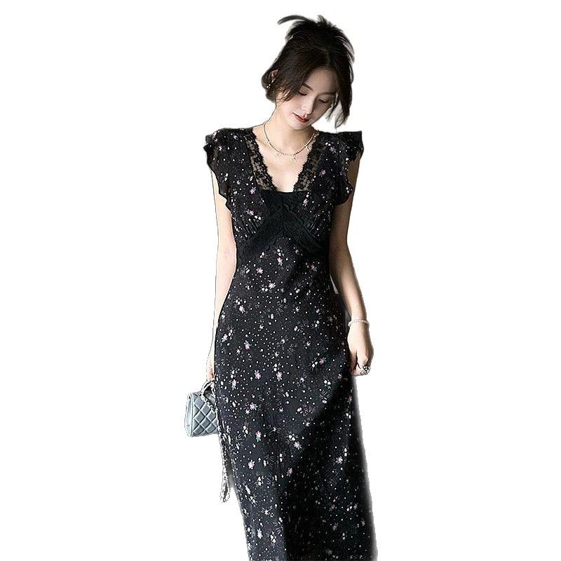 Black Lace Splicing Sexy Floral Dress Women's Summer New Vacation French Temperament V-neck Dress