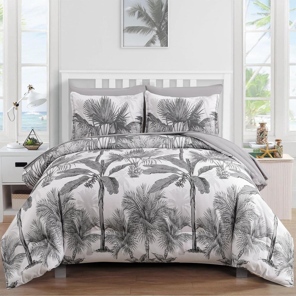 Palm Leaves Comforter Cover Duvet Cover Tropical Leaves Bedding Set Quilt Cover for Men Women, White 3 Pcs Queen King Size