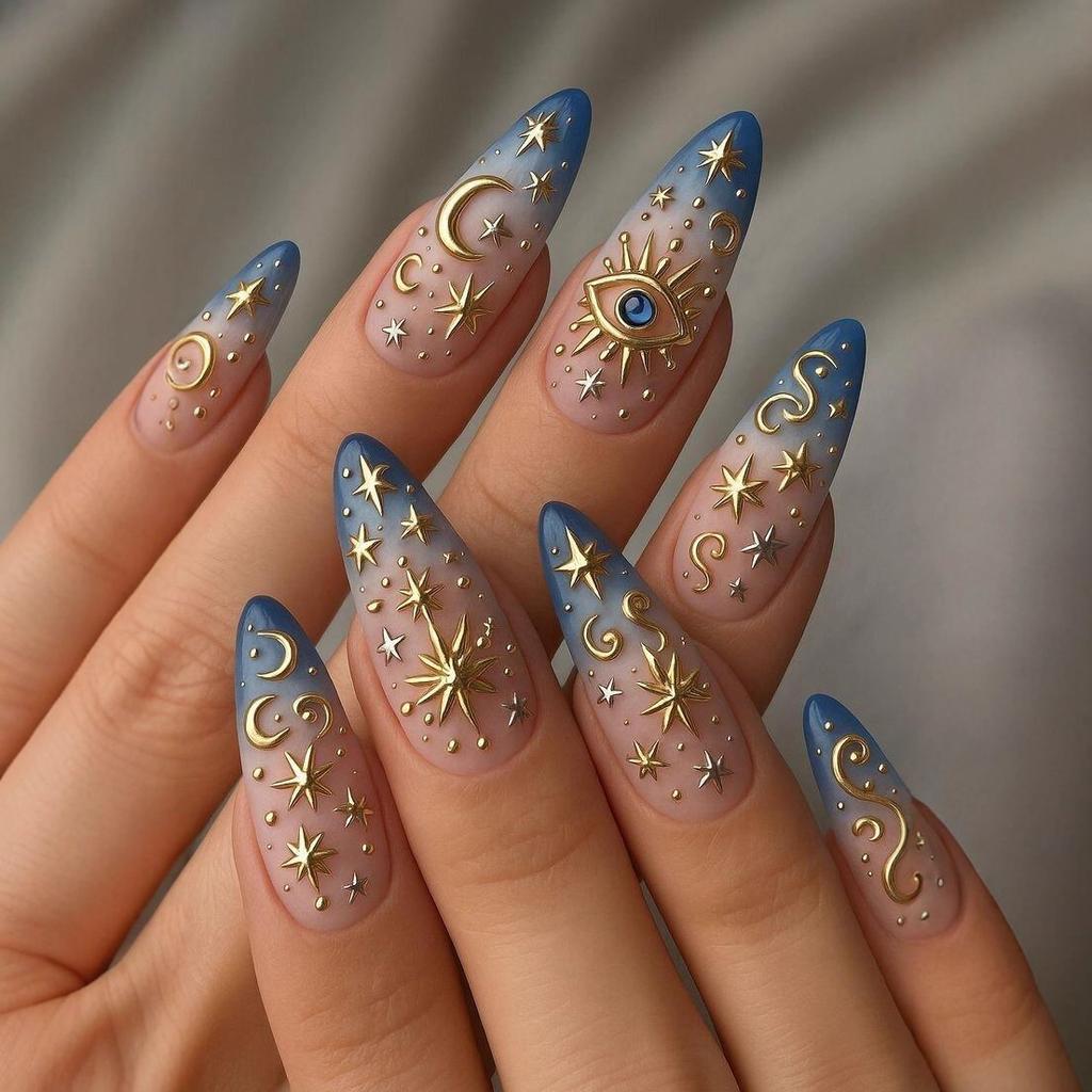 24 UNIDADES Douradas 3D Estrela Pontas de Unha Postiça Francesa Luxo Vintage Simples Amêndoa Press on Nails Cobertura Total Usáveis Unhas Postiças para Mulheres