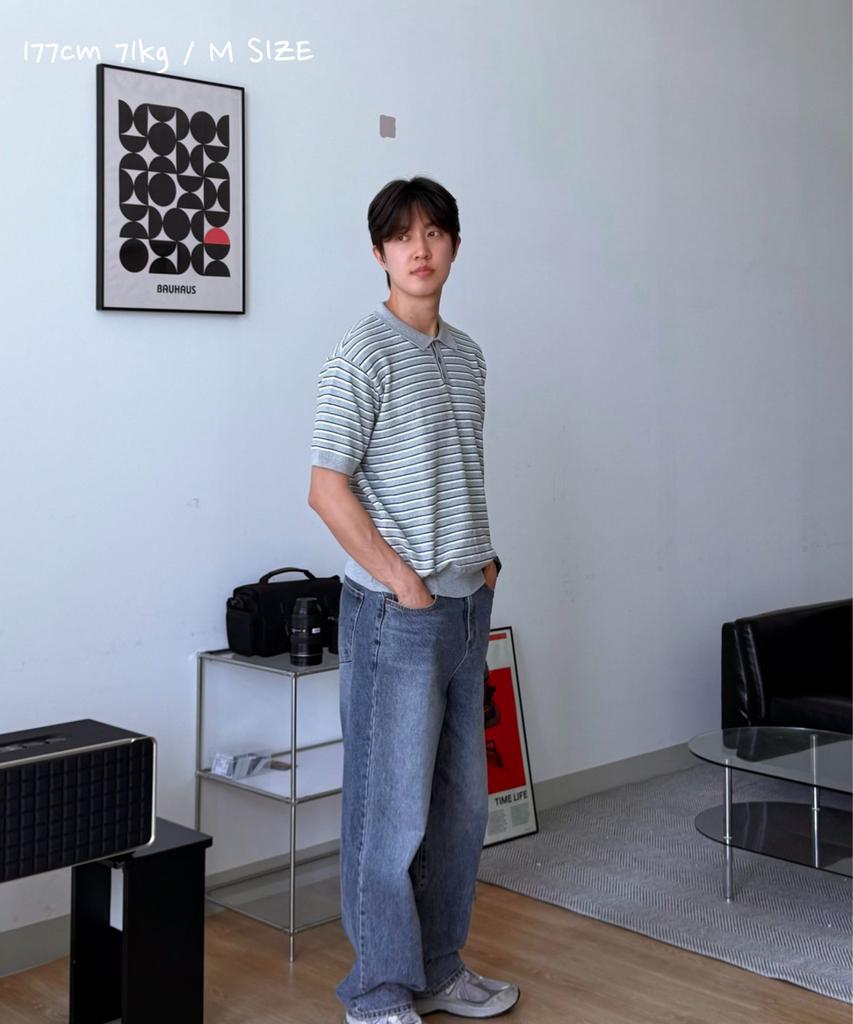 CUZNELLO Multi-Stripe Polo Short Sleeve Knit_Gray