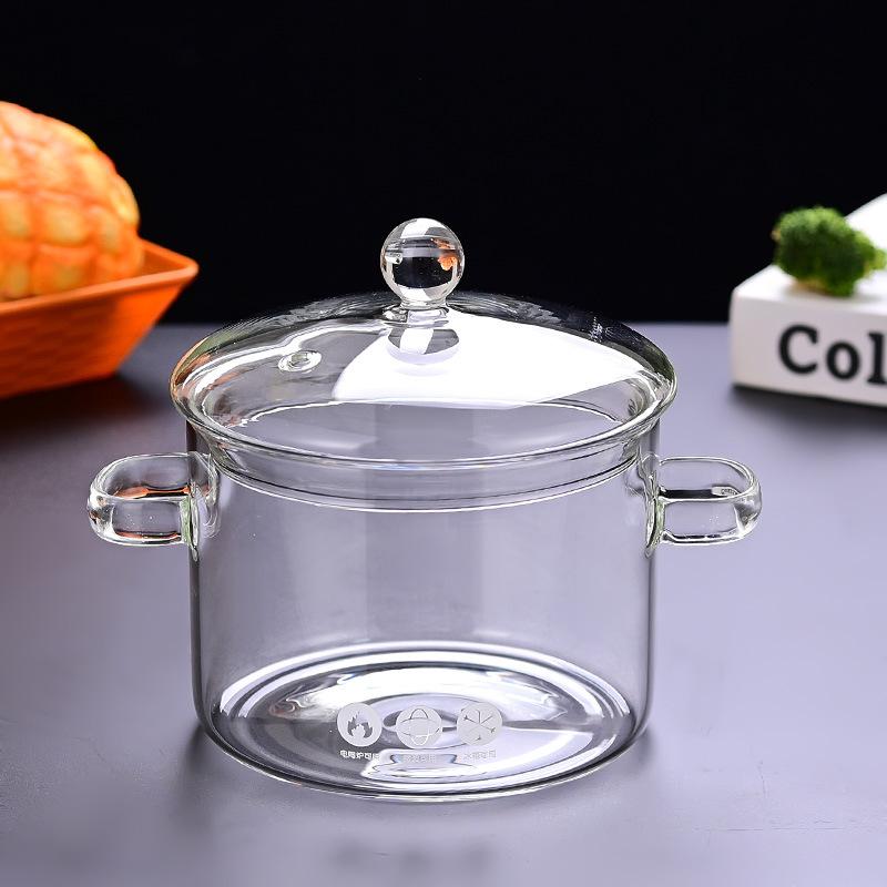 Transparenter Glastopf mit großem Fassungsvermögen, verdickter temperaturbeständiger doppelohriger Instant-Nudeltopf mit Deckel, kann mit offener Flamme erhitzt werden, Gesundheitstopf