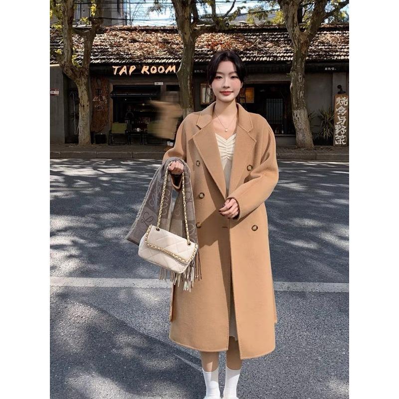 Solid Color Woolen Coat Mid-length Women's Autumn and Winter All-match Internet Celebrity Thickened Hong Kong-style Loose Woolen Coat