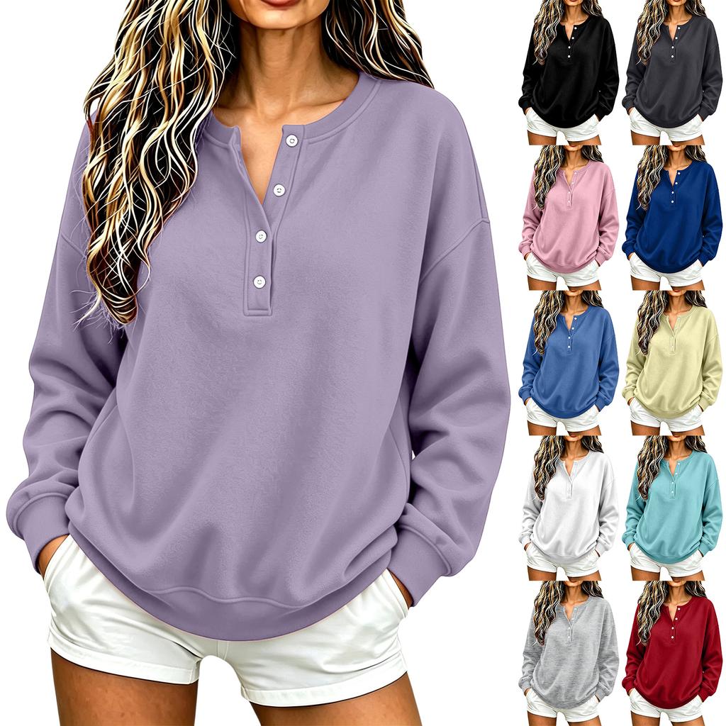 Women's V-Neck Button Pullover Sweatshirt Loose Fit Long Sleeve Casual Top