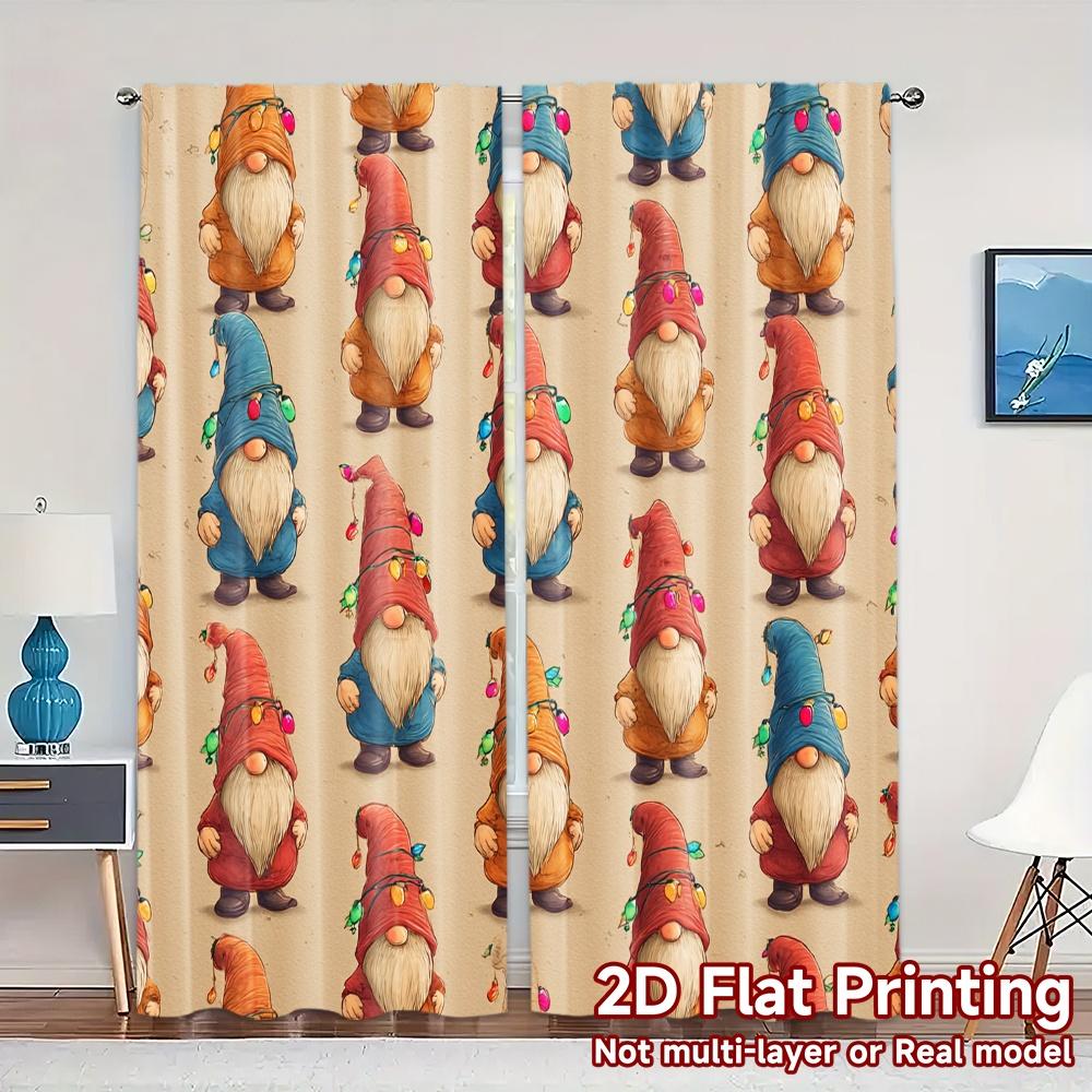 

Set Of 2 Flat Printing Jit Curtains Without Rod Festive Gnome Chic Pattern Prints All Curtain Semi Sheer Polyester W100*H70(CM)-Grommet top&1PCS