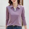 Damen Poloshirt Koreanischer Herbst Baumwolle Einfarbig Langarm V-Ausschnitt T-Shirt Patchwork Damen Poloshirts für Damen
