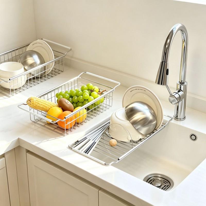 Stainless Steel Expandable Sink Rack Kitchen Counter Drain Drying Storage Of Vegetables Dishes Utensils