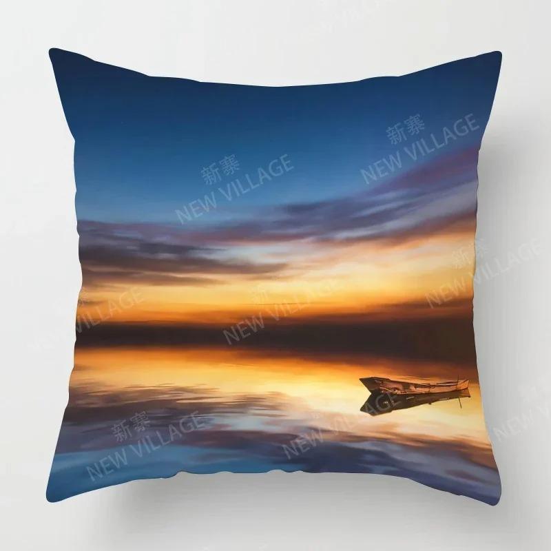 Sunset & Palm Tree Beach Pattern Double-Sided Printed Pillow Cover Short Plush Suitable Living Rooms Sofas Throw Cushion Cover