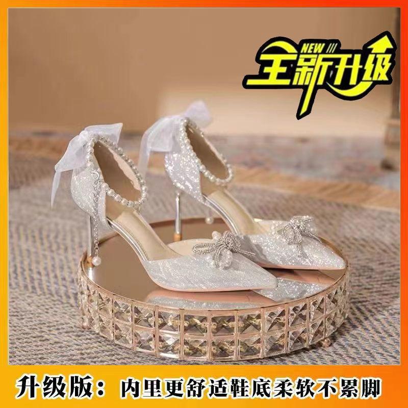 

Остроносые туфли Мэри Джейн на одном ремешке, летние новинки, женские босоножки-шпильки с жемчужной цепочкой, для офиса 35