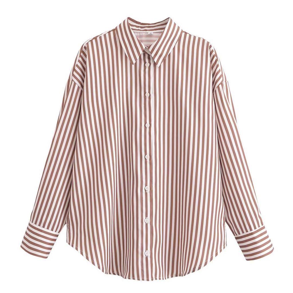 2025 Spring Women's Metallic Thread Striped Long Sleeve Shirt with Turn-Down Collar, European & American Style.